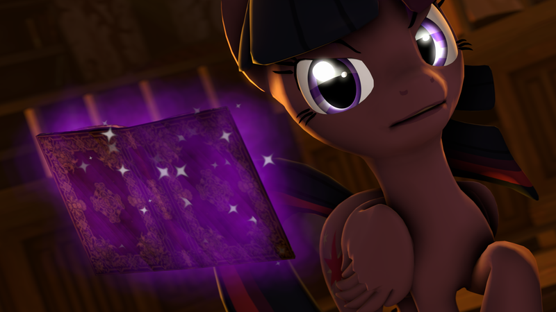 Size: 1920x1080 | Tagged: safe, artist:wiizzie, derpibooru import, twilight sparkle, twilight sparkle (alicorn), alicorn, pony, 3d, book, magic, solo