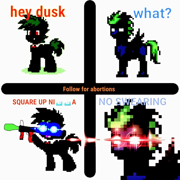 Size: 2039x2039 | Tagged: safe, artist:dustydusk123, derpibooru import, oc, oc:dusk, unofficial characters only, pony, pony town, abortion, comic, deep fried meme, glowing eyes, glowing eyes meme, hey beter, lens flare, meme, nibba, no swearing, rpg-7, 🅱