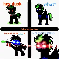 Size: 2039x2039 | Tagged: safe, artist:dustydusk123, derpibooru import, oc, oc:dusk, unofficial characters only, pony, pony town, abortion, 🅱, comic, deep fried meme, glowing eyes, glowing eyes meme, hey beter, lens flare, meme, nibba, no swearing, rpg-7