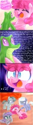 Size: 800x2976 | Tagged: safe, artist:siggie740, derpibooru import, boulder (pet), gummy, limestone pie, marble pie, maud pie, pinkie pie, earth pony, pony, blank flank, comic, dialogue, existentialism, female, filly, gummy the deep thinker, lidded eyes, poking, prone, stick, worried