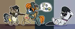 Size: 2000x773 | Tagged: safe, artist:binkyt11, derpibooru import, biff, doctor caballeron, rogue (character), withers, earth pony, pony, angry, backwards cutie mark, broken glasses, censored vulgarity, chibi, ear fluff, fight, floppy ears, grawlixes, henchmen, male, newbie artist training grounds, one eye closed, restrained, scared, speech bubble, stallion, tail, tail pull