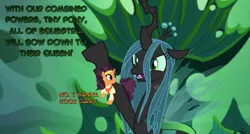 Size: 1310x700 | Tagged: safe, derpibooru import, edit, edited screencap, screencap, queen chrysalis, saffron masala, changeling, changeling queen, pony, unicorn, to where and back again, chrysalis' throne, dialogue, female, manip, micro, tiny, tiny ponies