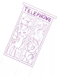 Size: 665x887 | Tagged: safe, artist:dstears, derpibooru import, princess platinum, snails, snips, star swirl the bearded, pony, unicorn, bill and ted's excellent adventure, cute, diasnails, monochrome, newbie artist training grounds, parody, phone booth, simple background, white background
