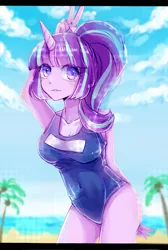 Size: 1077x1600 | Tagged: artist:桃心十字架, beach, belly button, breasts, clothes, cute, derpibooru import, female, glimmerbetes, horn, horned humanization, human, humanized, one-piece swimsuit, peace sign, safe, school swimsuit, solo, starlight glimmer, sukumizu, swimsuit