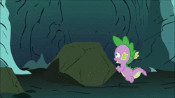 Size: 1280x720 | Tagged: safe, derpibooru import, screencap, reginald, spike, dragon, owl's well that ends well, animated, cave, chase, gem, running away, sound, spikes, thagomizer, webm