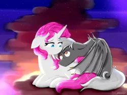 Size: 4310x3240 | Tagged: safe, artist:moobew, derpibooru import, oc, oc:bloodthirst (vampire pony), oc:platinum royale, unofficial characters only, pony, vampire, vampony, couple, female, lying down, male, oc x oc, offspring, offspring shipping, parent:rarity, parents:canon x oc, shipping, straight