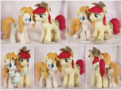 Size: 2076x1524 | Tagged: safe, artist:buttercupbabyppg, derpibooru import, bright mac, pear butter, earth pony, pony, beanie (plushie), brightbutter, clothes, cowboy hat, duo, female, flower, flower in hair, hat, irl, male, photo, plushie, scarf, shared clothing, shared scarf, shipping, stetson, straight