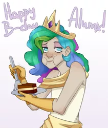 Size: 1152x1366 | Tagged: artist:chibadeer, cake, clothes, cosplay, costume, derpibooru import, food, happy birthday, human, humanized, krystal can't enjoy her sandwich, oc, princess celestia, safe, solo, tired, unofficial characters only