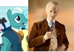 Size: 388x275 | Tagged: safe, derpibooru import, screencap, unnamed character, unnamed pony, human, pony, appleoosa's most wanted, background pony, clothes, comparison, doctor who, handsome, irl, necktie, peter cushing, photo, screenshots, tuxedo, vest