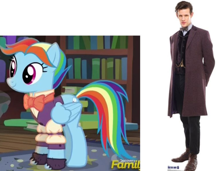 Size: 757x597 | Tagged: safe, derpibooru import, screencap, rainbow dash, snowdash, pony, a hearth's warming tail, badass, badass adorable, boots, bowtie, brainy brunette, bringers of hope, cashmere, cashmere frockcoat, clothes, comparison, cute, dashabetes, doctor who, eleventh doctor, genius bruisers, genki girl, gloves, gold, gold fobwatch, image, jeans, jpeg, leather, leather boots, lightning bruisers, matt smith, moleskin, moleskin waistcoat, pants, pocket watch, rainbow dash always dresses in style, rainbow dash is best pony, rainbow sass, shirt, shoes, trousers, velvet, velvet waistcoat, waistcoat