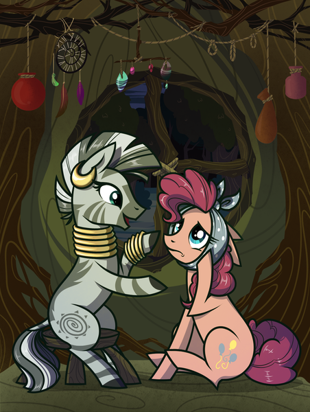 Size: 1082x1437 | Tagged: safe, artist:28gooddays, derpibooru import, pinkie pie, zecora, earth pony, pony, zebra, bandage, dreamcatcher, duo, stool, toothache, window, zecora's hut