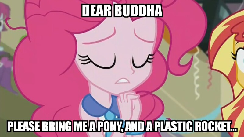 Size: 1136x640 | Tagged: safe, artist:capt. silver spur, derpibooru import, edit, edited screencap, screencap, pinkie pie, sunset shimmer, equestria girls, buddha, buddhism, caption, firefly (series), image macro, malcolm reynolds, meme, meme generator, pinkie pie praying, pinkie pious, serenity, text