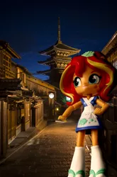 Size: 949x1434 | Tagged: safe, artist:whatthehell!?, derpibooru import, edit, sunset shimmer, fish, equestria girls, building, doll, equestria girls in real life, equestria girls minis, food, irl, japan, merchandise, night, pagoda, photo, street, sunset sushi, sushi, town, toy