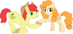 Size: 6431x3001 | Tagged: safe, artist:cloudyglow, derpibooru import, bright mac, pear butter, earth pony, pony, the perfect pear, .ai available, absurd resolution, applejack's parents, brightbutter, cowboy hat, female, hat, holding hooves, husband and wife, male, mare, shipping, simple background, smiling, stallion, stetson, straight, transparent background, vector