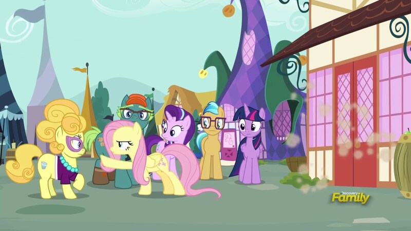 Size: 1920x1080 | Tagged: safe, derpibooru import, screencap, bigger jim, fluttershy, lemon chiffon, plunkett, quantum leap (character), starlight glimmer, twilight sparkle, twilight sparkle (alicorn), alicorn, earth pony, pegasus, pony, unicorn, fame and misfortune, female, male, mare, stallion