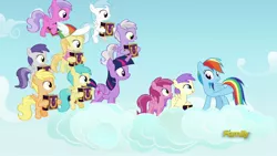 Size: 1920x1080 | Tagged: safe, derpibooru import, screencap, alula, cotton cloudy, cupid (character), mango dash, noi, pinkie feather, rainbow dash, rainy feather, sweet pop, tornado bolt, twilight sparkle, twilight sparkle (alicorn), alicorn, pegasus, pony, fame and misfortune, background pony, cloud, discovery family logo, female, filly, flying, foal, hoof hold, mare, on a cloud, raised hoof, standing on cloud