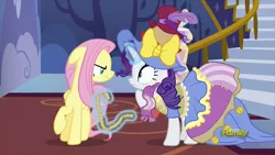 Size: 914x514 | Tagged: safe, derpibooru import, screencap, fluttershy, rarity, pony, fame and misfortune, and then there's rarity, angry, bags under eyes, fluttershy is not amused, stress couture, unamused