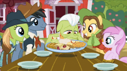 Size: 400x225 | Tagged: safe, derpibooru import, screencap, aura (character), granny smith, may fair, noi, piña colada, star spur, yuma spurs, earth pony, pony, fame and misfortune, animated, appleloosa resident, background pony, clothes, cowboy hat, discovery family logo, eating, fast, female, filly, foal, food, gif, hat, male, mare, piña cutelada, stallion