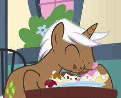 Size: 504x409 | Tagged: safe, derpibooru import, screencap, mochaccino, rare find, pony, unicorn, fame and misfortune, :t, animated, aweeg*, cute, eating, food, gif, horses doing horse things, ice cream, male, messy eating, puffy cheeks, smiling, solo, stallion, sundae