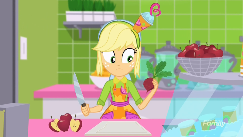 Size: 1920x1080 | Tagged: safe, derpibooru import, screencap, applejack, eqg summertime shorts, equestria girls, shake things up!, :|, apple, beet, female, food, huh, image, knife, png, solo