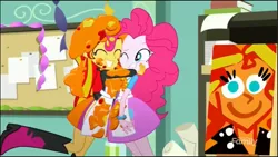 Size: 1280x720 | Tagged: safe, derpibooru import, screencap, pinkie pie, sunset shimmer, eqg summertime shorts, equestria girls, the art of friendship, duo, grin, happy, hug, pinkie's portrait, smiling