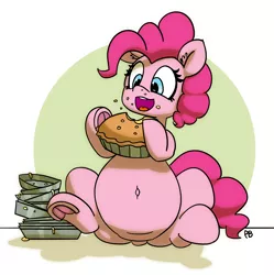 Size: 6064x6084 | Tagged: safe, artist:pabbley, derpibooru import, pinkie pie, pony, absurd resolution, belly button, cute, diapinkes, ear fluff, eating, fat, female, food, frog (hoof), mare, open mouth, pie, pudgy pie, sitting, solo, stuffed, stuffing, underhoof