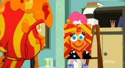 Size: 1464x797 | Tagged: safe, derpibooru import, screencap, pinkie pie, sunset shimmer, eqg summertime shorts, equestria girls, the art of friendship, apron, clothes, flower, painting, pinkie's portrait, sunflower