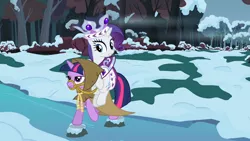 Size: 1280x720 | Tagged: safe, derpibooru import, screencap, clover the clever, princess platinum, rarity, twilight sparkle, pony, unicorn, hearth's warming eve (episode), and then there's rarity, bridle, cloak, clothes, forest, ponies riding ponies, riding, river, snow, stream, tack