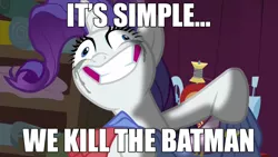 Size: 1280x720 | Tagged: batman, caption, creepy, derpibooru import, faic, fame and misfortune, image macro, makeup, meme, rarisnap, rarity, running makeup, safe, solo, text, the joker, why i'm creating a gown darling