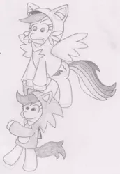 Size: 569x825 | Tagged: safe, artist:threetwotwo32232, derpibooru import, rainbow dash, scootaloo, pony, clothes, crossover, duo, flying, hoodie, miles "tails" prower, monochrome, newbie artist training grounds, parody, pencil drawing, sonic the hedgehog, sonic the hedgehog (series), traditional art