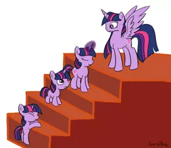 Size: 4125x3572 | Tagged: safe, artist:sunrise-shine-02, derpibooru import, twilight sparkle, twilight sparkle (alicorn), alicorn, pony, unicorn, female, filly, mare, multeity, stairs, younger