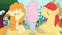 Size: 1920x1080 | Tagged: safe, derpibooru import, screencap, bright mac, pear butter, pony, the perfect pear, animated, blushing, boop, bright mac's hat, brightbutter, cutie mark, drinking, eye contact, female, gif, looking at each other, male, milkshake, noseboop, ponyville, shipping, spaghetti scene, straight, straw