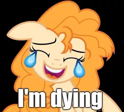 Size: 538x485 | Tagged: safe, artist:cloudyskie, derpibooru import, edit, pear butter, earth pony, pony, the perfect pear, black background, caption, crying, dark comedy, emoji, eyes closed, female, floppy ears, image macro, laughing, mare, meme, open mouth, simple background, smiling, text, we are going to hell, 😂