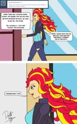Size: 1000x1600 | Tagged: suggestive, artist:deltalima, derpibooru import, sunset shimmer, pony, comic:trixie and sunset's anal adventures, equestria girls, alternate costumes, comic, dialogue, implied lesbian, language, messy hair, tumblr