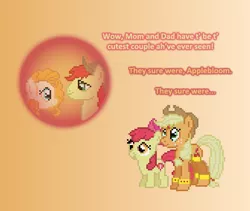 Size: 504x426 | Tagged: safe, artist:verve, derpibooru import, apple bloom, applejack, bright mac, pear butter, earth pony, genie, pony, ain't never had friends like us, the perfect pear, armband, ask, brightbutter, female, flashback, gradient background, headband, leg brace, looking up, male, mare, portal, shipping, stallion, straight, tumblr