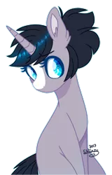 Size: 600x938 | Tagged: safe, artist:shiiazu, derpibooru import, oc, oc:shiiazu, unofficial characters only, pony, unicorn, base used, blaze (coat marking), colored pupils, cute, detailed eyes, ear fluff, female, looking sideways, mare, markings, shiny, simple background, simple shading, sitting, solo, sparkle eyes, sparkles, transparent background