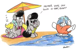 Size: 2372x1515 | Tagged: safe, artist:bobthedalek, derpibooru import, octavia melody, vinyl scratch, oc, oc:mixed melody, oc:octavia's father, oc:octavia's mother, oc:ostinato melody, pony, beach, ice, lifejacket, onomatopoeia, prank, sleeping, sound effects, sunglasses, traditional art, umbrella, zzz