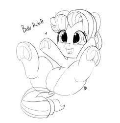 Size: 1280x1308 | Tagged: safe, artist:pabbley, derpibooru import, coconut cream, earth pony, pony, fame and misfortune, 30 minute art challenge, belly button, cute, dock, female, filly, frog (hoof), hoofbutt, lineart, monochrome, on back, open mouth, pabbley is trying to murder us, solo, speech, talking, underhoof