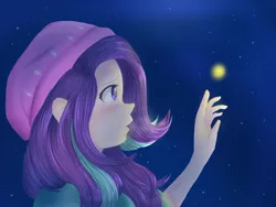 Size: 1600x1200 | Tagged: safe, artist:rmariansj, derpibooru import, starlight glimmer, firefly (insect), insect, equestria girls, beanie, clothes, hat, human coloration, night, solo, stars