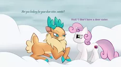 Size: 2500x1377 | Tagged: safe, artist:huffy26, derpibooru import, sweetie belle, velvet reindeer, deer, pony, reindeer, unicorn, them's fightin' herds, atg 2017, community related, dialogue, doe, female, filly, newbie artist training grounds, pun