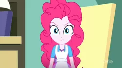 Size: 1278x718 | Tagged: safe, derpibooru import, screencap, pinkie pie, eqg summertime shorts, equestria girls, the art of friendship, >:), apron, clothes, easel, evil grin, grin, happy, looking at you, smiling, smirk