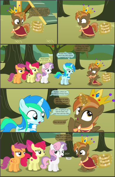 Size: 4551x7001 | Tagged: safe, artist:cyanlightning, derpibooru import, apple bloom, button mash, scootaloo, sweetie belle, oc, oc:cyan lightning, alicorn, earth pony, pegasus, pony, unicorn, comic:cyan's adventure, .svg available, absurd resolution, alicornified, apple, apple tree, buttoncorn, colt, comic, cutie mark crusaders, female, filly, food, king button mash, male, race swap, tree, vector