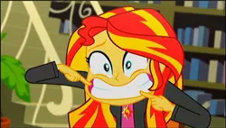 Size: 1546x881 | Tagged: safe, derpibooru import, sunset shimmer, epic fails (equestria girls), eqg summertime shorts, equestria girls, faic, female, gritted teeth, looking at you, pointing, solo, teeth, wide eyes