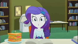 Size: 800x453 | Tagged: safe, derpibooru import, rarity, sunset shimmer, epic fails (equestria girls), eqg summertime shorts, equestria girls, :o, animated, cute, eating, female, frown, gif, humans doing horse things, nom, open mouth, raised eyebrow, shimmerbetes, smiling, sunset wants her old digestive system back
