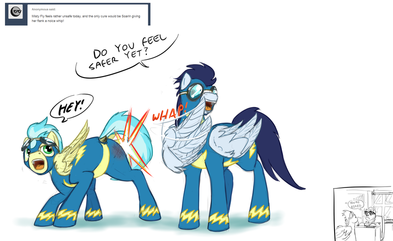 Size: 2200x1350 | Tagged: suggestive, artist:testostepone, derpibooru import, misty fly, soarin', spitfire, pegasus, pony, ask, clothes, dialogue, female, goggles, harassment, male, mare, reality ensues, sexual harassment, spank mark, spanking, stallion, tumblr, uniform, wings, wingspank, wonderbolts, wonderbolts uniform, you're fired