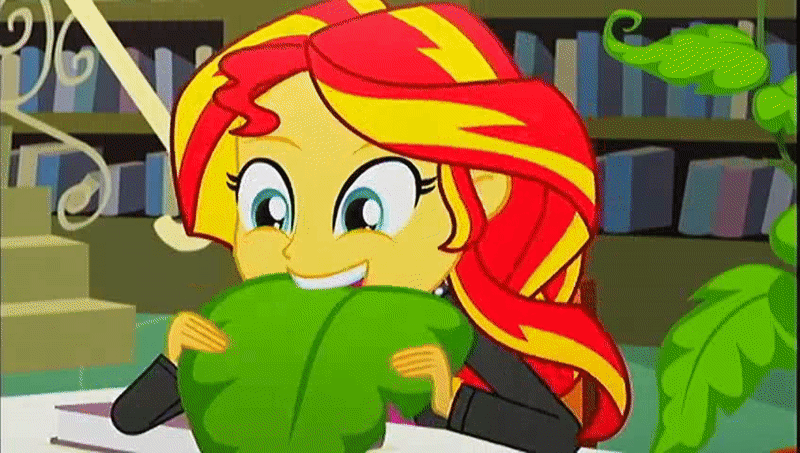 Size: 800x453 | Tagged: safe, derpibooru import, edit, screencap, sunset shimmer, epic fails (equestria girls), eqg summertime shorts, equestria girls, animated, cropped, cute, female, food, gif, humans doing horse things, nom, shimmerbetes, sunset wants her old digestive system back