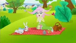 Size: 1400x789 | Tagged: safe, derpibooru import, screencap, angel bunny, constance, fluttershy, bird, cat, epic fails (equestria girls), eqg summertime shorts, equestria girls, animal, cute, daaaaaaaaaaaw, outdoors, picnic, songbird