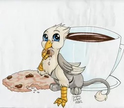 Size: 1000x870 | Tagged: safe, artist:sugaryviolet, derpibooru import, oc, oc:der, unofficial characters only, gryphon, coffee, cookie, food, micro, solo, that griffon sure "der"s love cookies