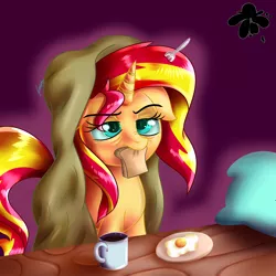 Size: 3000x3000 | Tagged: safe, artist:katakiuchi4u, derpibooru import, sunset shimmer, pony, unicorn, atg 2017, bags under eyes, blanket, bread, coffee, cup, egg, egg (food), female, floppy ears, food, fork, frown, glare, glow, lidded eyes, mare, morning ponies, mouth hold, mug, newbie artist training grounds, nom, nose wrinkle, pillow, plate, purple background, simple background, sleepy, solo, table, tired, unamused