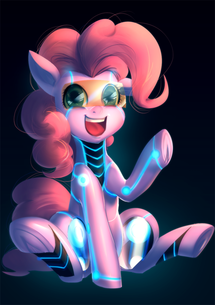 Size: 990x1400 | Tagged: safe, artist:bakki, derpibooru import, pinkie pie, cyborg, pony, robot, robot pony, commission, female, frog (hoof), glow, gradient background, looking at you, open mouth, ponkbot, sitting, smiling, solo, spread legs, spreading, underhoof, visor, waving